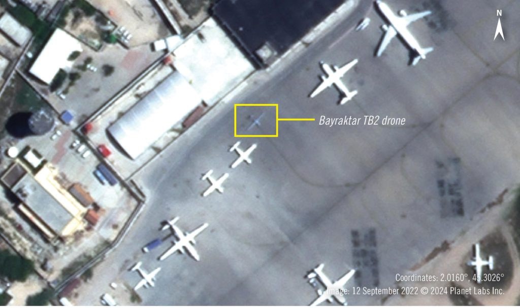 Satellite image from September 12, 2022 showing a Bayraktar TB2 drone on the apron at Aden Adde International Airport in Mogadishu